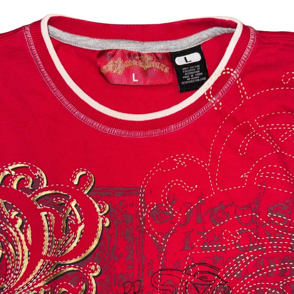Paco Jeans Mens Red Gold Foil Graphic T-Shirt Y2K Streetwear Size L Large